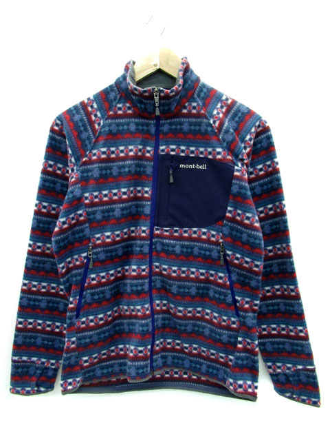 モンベル フリースジャケット 総柄 ジップアップ 青 紺 L C1834 モンベル Montbell ジャケット フリース ブルゾン スタンドカラー