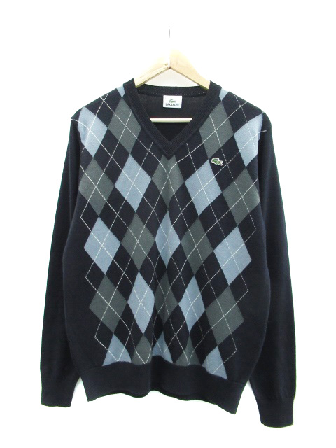 ラコステ Lacoste ニット セーター 長袖 Vネック アーガイルチェック柄 ウール 4 ネイビー 紺 グレー 水色 Ym27 メンズ 171 ベクトルパーク