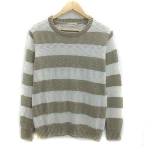 ドゥニーム Denime ニット セーター 長袖 ラウンドネック ボーダー柄 リネン混 M グレージュ ホワイト 白 Ym21 メンズ 171 ベクトルパーク