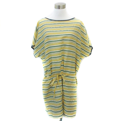 アメリカンラグシー American Rag Cie ワンピース ミニ丈 半袖 ランドネック ボーダー柄 リボン リネン混 F イエロー 黄色 グリーン 緑 Ym6 レディース 171 ベクトルパーク