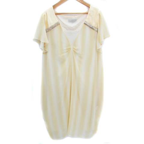 未使用品 アンタイトル Untitled ワンピース ひざ丈 半袖 Vネック シースルー ビーズ ストライプ柄 インナー付き 大きいサイズ 44 黄色 白 イエロー ホワイト Ff2 レディース 171 ベクトルパーク