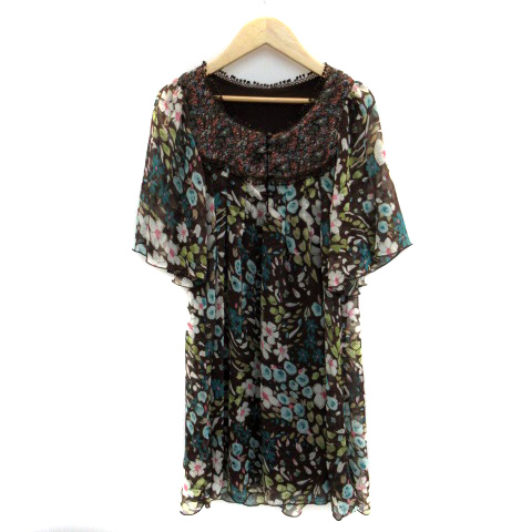 オリーブデオリーブ Olive Des Olive ワンピース ヘンリーネック 五分袖 ワイドスリーブ ミニ丈 花柄 マルチカラー 茶色 ブラウン Ho レディース 171 ベクトルパーク