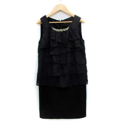 クイーンズコート Queens Court ワンピース タイト ひざ丈 ノースリーブ ラウンドネック フリル フェイクパール ビジュー 切替 2 黒 ブラック Sm19 レディース 171 ベクトルパーク