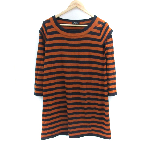 アーペーセー A P C ワンピース ひざ丈 長袖 ラウンドネック ボーダー柄 重ね着風 ウール Xs オレンジ 紺 ネイビー Sm7 レディース 171 ベクトルパーク