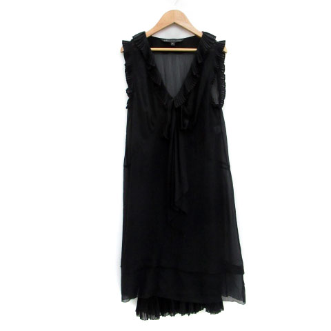マークバイマークジェイコブス Marc By Marc Jacobs ワンピース ノースリーブ ひざ丈 Vネック シースルー 無地 フリル リボン キャミソール 2点セット シルク 大きいサイズ 4 ブラック 黒 Ms5 レディース 171 ベクトルパーク