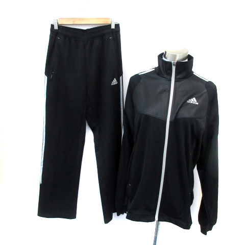 アディダス Adidas セットアップ 上下 スポーツウェア ジャージ ジャケット ブルゾン スタンドカラー パンツ ストレート ロング丈 ロゴ M 黒 ブラック シルバー Sm22 レディース 171 ベクトルパーク