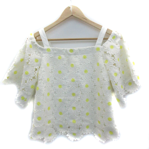 Cherry Ann チェリーアン カットソー ブラウス 五分袖 オフショルダー スクエアネック 刺繍 花柄 F 白 ホワイト 黄 イエロー Sm39 レディース 171 ベクトルパーク