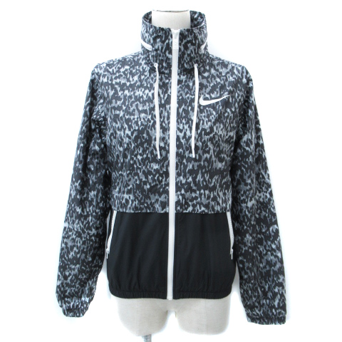 ナイキ Nike スポーツウェア ジャケット ジャージ ブルゾン ミドル丈 スタンドカラー フード付き 切替 総柄 M グレー 黒 ブラック Ff41 レディース 171 ベクトルパーク