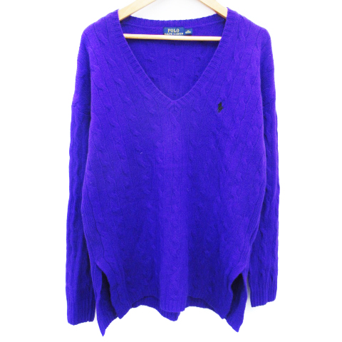 ポロ ラルフローレン Polo Ralph Lauren ニット セーター 長袖 Vネック ウール カシミヤ混 刺繍 ケーブル編み オーバーサイズ Xs 青 ブルー Ff42 メンズ 171 ベクトルパーク