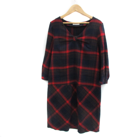 シンプリシテェ Simplicite ワンピース ひざ丈 長袖 Vネック タータンチェック柄 リボン マルチカラー 紺 ネイビー Ys14 レディース 171 ベクトルパーク