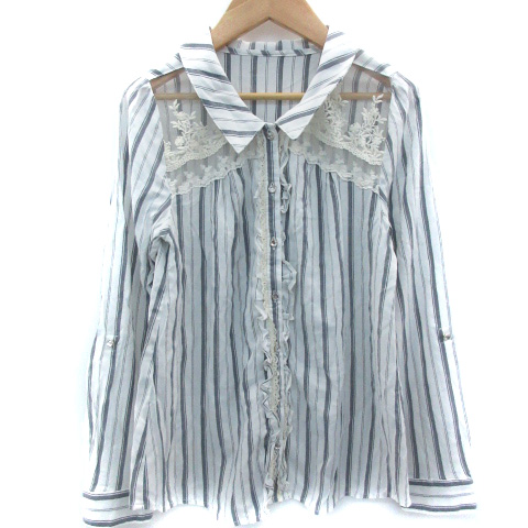 アクシーズファム Axes Femme シャツ ブラウス 長袖 ストライプ柄 レース 刺繍 シースルー M 白 ホワイト 紺 ネイビー Sm40 レディース 171 ベクトルパーク