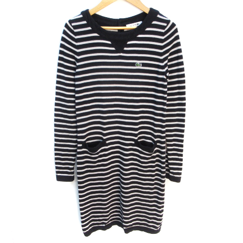 ラコステ Lacoste ワンピース ニット ひざ丈 長袖 ラウンドネック ウール 刺繍 ボーダー柄 34 紺 白 ネイビー ホワイト Ff16 レディース 171 ベクトルパーク
