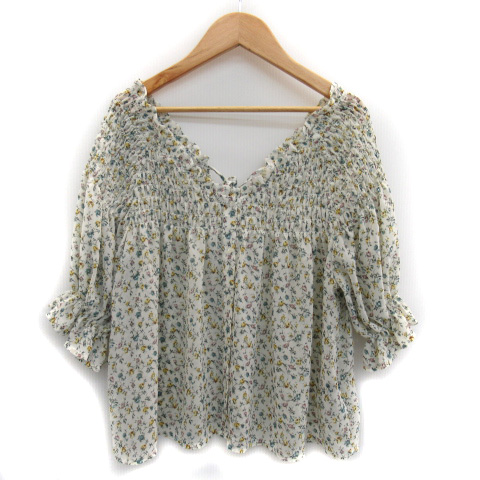ダブルクローゼット w closet ブラウス カットソー 半袖 Vネック シャーリング リボン 花柄 F マルチカラー 白 ホワイト /YK18  レディース