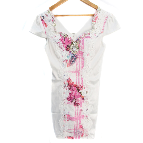 アン An ワンピース タイト ミニ丈 半袖 Vネック レース 刺繍 ビジュー ビーズ S 白 ピンク ホワイト Ff22 レディース 171 ベクトルパーク