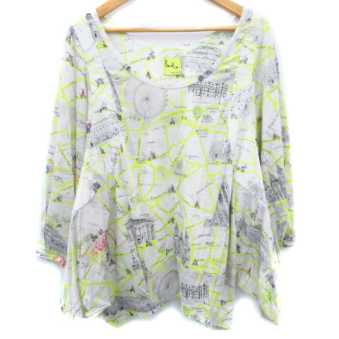ポールバイポールスミス Paul By Paul Smith カットソー ブラウス 七分袖 ラウンドネック 透け感 切替 プリント 総柄 シルク混 マルチカラー オーバーサイズ M グレー 黒 ブラック Ff レディース 171 ベクトルパーク