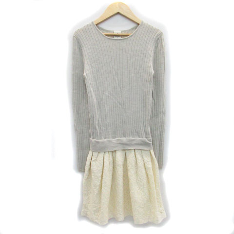 アダムエロペ Adam Et Rope ワンピース ドッキング ニット リブ ミニ丈 ラウンドネック レース ウール リネン混 38 バイカラー グレー オフホワイト Ms40 レディース 171 ベクトルパーク