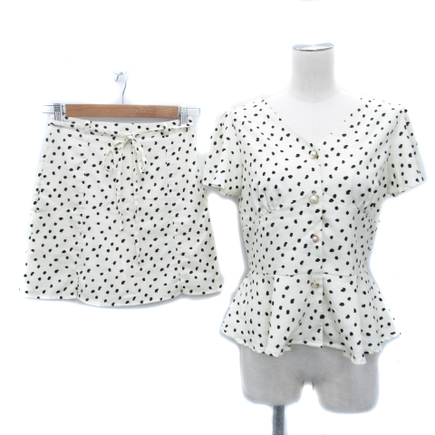 ヘザー Heather セットアップ 上下 ブラウス カットソー 半袖 Vネック 透け感 スカート キュロット フレア ミニ丈 リボン付き 総柄 F アイボリー 黒 ブラック Ff46 レディース 171 ベクトルパーク