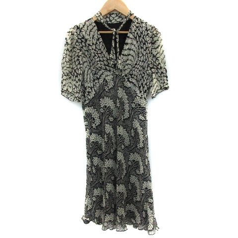 アナスイ Anna Sui ワンピース ミモレ丈 半袖 Vネック 総柄 リボン シルク 2 アイボリー 黒 ブラック Sm27 レディース 171 ベクトルパーク