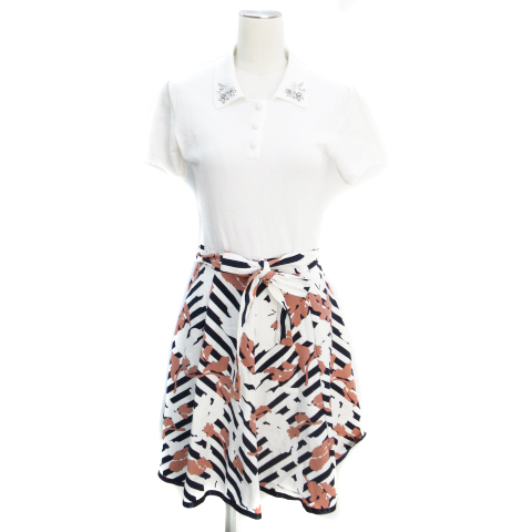 チェスティ Chesty ワンピース シャツ ニット フレア ひざ丈 半袖 切替 透け感 ビジュー リボン付き ダイアゴナルストライプ柄 総柄 1 白 紺 ホワイト ネイビー Ff7 レディース 171 ベクトルパーク