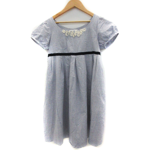 ボンメルスリー Bon Mercerie ワンピース ミニ丈 半袖 ラウンドネック ボーダー柄 花モチーフ リボン 36 青 ブルー 白 ホワイト Sm34 レディース 171 ベクトルパーク