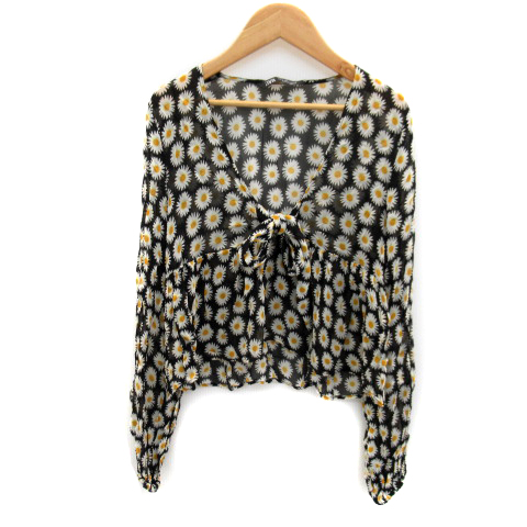 ザラ Zara ブラウス カットソー 長袖 Vネック 花柄 シースルー リボン マルチカラー S 黒 ブラック 白 黄 Sy22 レディース 171 ベクトルパーク