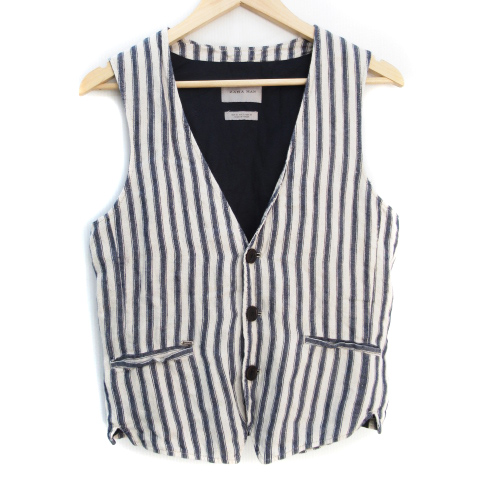 ザラマン Zara Man ジャケット ベスト ミドル丈 リネン 総裏地 シングルボタン ストライプ柄 S 白 紺 ホワイト ネイビー Ff28 メンズ 171 ベクトルパーク