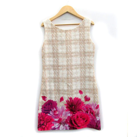 ダチュラ Datura ワンピース ノースリーブ ミニ丈 Uネック ツイード チェック柄 花柄 ウール混 F ベージュ Ms45 レディース 171 ベクトルパーク