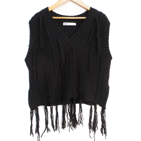 ザラ Zara ニットベスト プルオーバー セーター ノースリーブ Vネック フリンジ M 黒 ブラック Ff レディース 171 ベクトルパーク