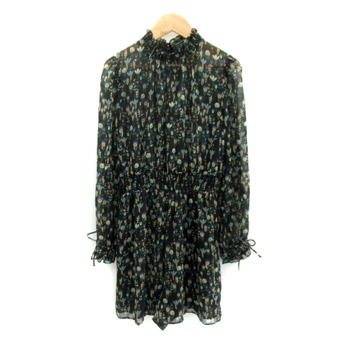 未使用品 ザラ Zara ワンピース ミニ丈 長袖 スタンドカラー 花柄 シースルー マルチカラー S 黒 ブラック Sy24 レディース 171 ベクトルパーク