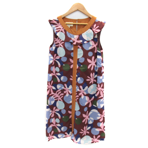 ローラアシュレイ LAURA ASHLEY ノースリーブワンピース ひざ丈 ラウンドネック 総柄 シルク混 1 マルチカラー キャメル /YK23 レディース