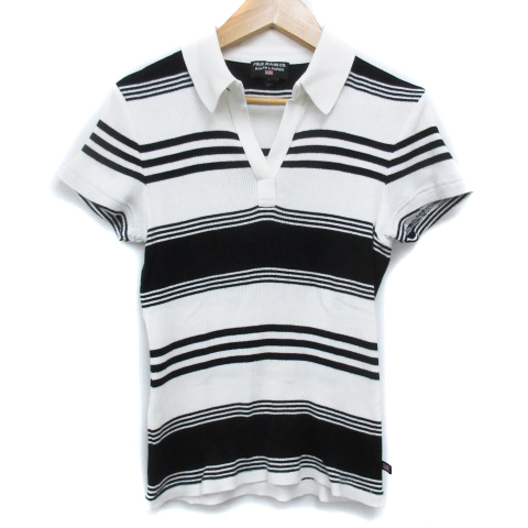 ポロジーンズ ラルフローレン Polo Jeans ニットシャツ リブ カットソー 半袖 スキッパーカラー 透け感 ボーダー柄 S モノトーン 白 黒 ホワイト ブラック Ff21 レディース 171 ベクトルパーク