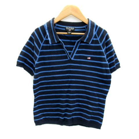 ポロジーンズ ラルフローレン Polo Jeans ポロシャツ 半袖 スキッパーカラー ボーダー柄 ロゴワッペン L 黒 ブラック 青 ブルー Sy28 レディース 171 ベクトルパーク