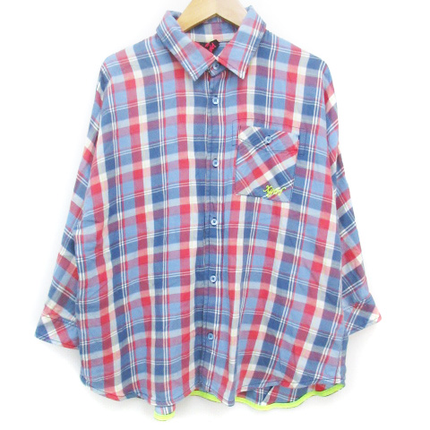 エックスガール X Girl カジュアルシャツ 長袖 七分袖 2way ドルマンスリーブ 透け感 ロゴ刺繡 チェック柄 マルチカラー 1 水色 赤 ライトブルー レッド Ff15 レディース 171 ベクトルパーク