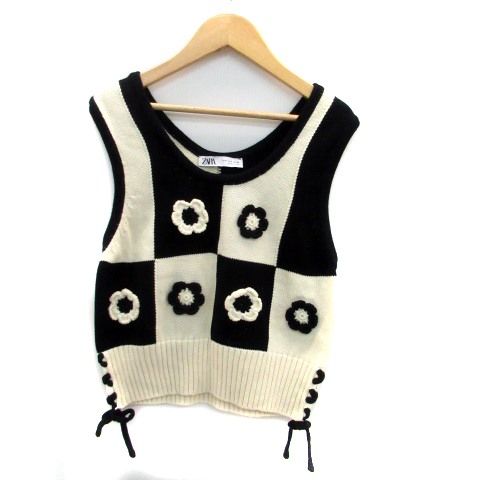 ザラ Zara ニットベスト プルオーバー ラウンドネック 花モチーフ M オフホワイト 黒 ブラック Ho31 レディース 171 ベクトルパーク