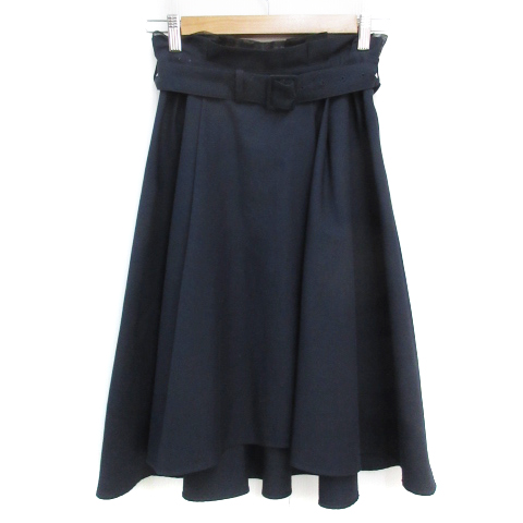 スウィングル Swingle フレアスカート ミモレ丈 ベルト付き 無地 S 紺