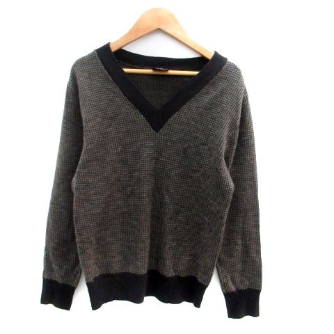 ルトロワ Letroyes ニット カットソー Vネック 長袖 千鳥格子柄 M 