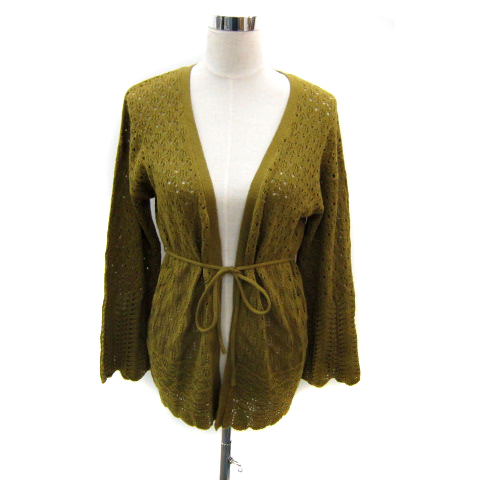 レイカズン ニットカーディガン ミドル丈 前開き 透かし編み リボン F カーキ 透かし編みリボンニットカーディガン／レイカズン（Ray