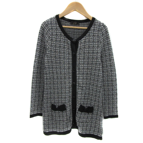 エフデ ef-de ニットカーディガン ロング丈 ラウンドネック ツイード 9 黒 ブラック 白 ホワイト /YS19 レディース