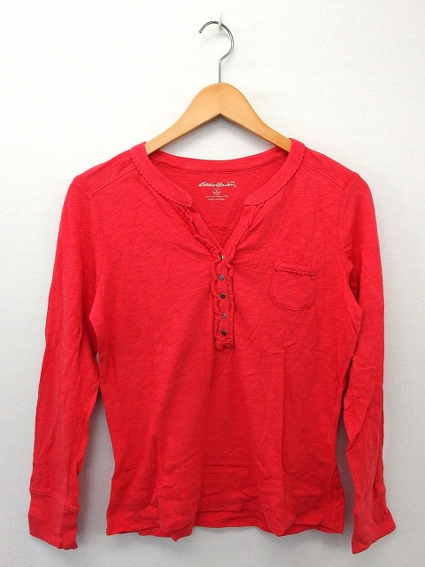 エディーバウアー Eddie Bauer Tシャツ カットソー ヘンリーネック 長袖 胸ポケット コットン 綿 S レッド 赤 Ut40 レディース 172 ベクトルパーク