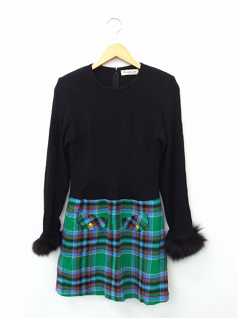 アンドレルチアーノ Andreluciano ワンピース タイト ミニ 長袖 袖ファー 肩パット ウール チェック ブラック 黒 Kt レディース 172 ベクトルパーク