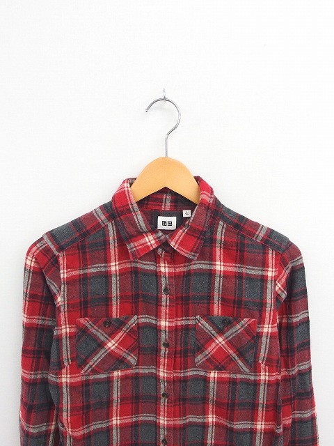 ユニクロ Uniqlo シャツ ネルシャツ ブラウス チェック 綿 コットン 長袖 ｌ 赤 灰 レッド グレー Tt23 レディース 172 ベクトルパーク