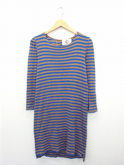 カオン Kaon ワンピース 膝丈 長袖 丸首 リボン 綿 コットン ボーダー F ブラウン 茶 Kt46 レディース 172 ベクトルパーク