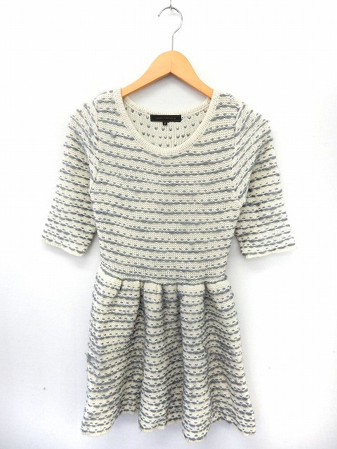 マーキュリーデュオ Mercuryduo ワンピース 膝丈 フレア ニット 七分袖 ボーダー F ホワイト グレー St38 レディース 172 ベクトルパーク