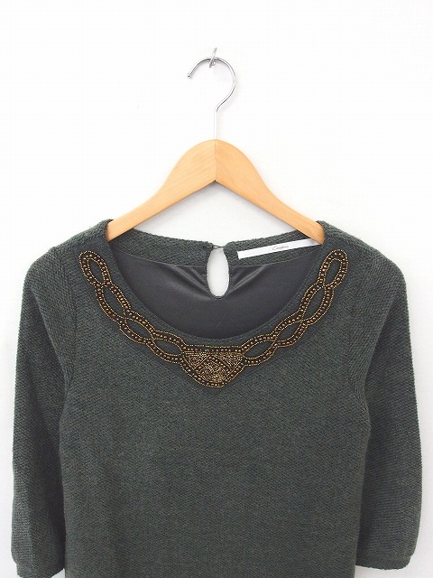 チャオパニック Ciaopanic ワンピース ひざ丈 ニット 丸首 ビーズ装飾 七分袖 緑 グリーン Tt12 レディース 172 ベクトルパーク