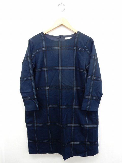 アースミュージック エコロジー Earth Music Ecology ワンピース カットソー チェック 膝丈 長袖 バックボタン F 紺 ネイビー St27 レディース 172 ベクトルパーク