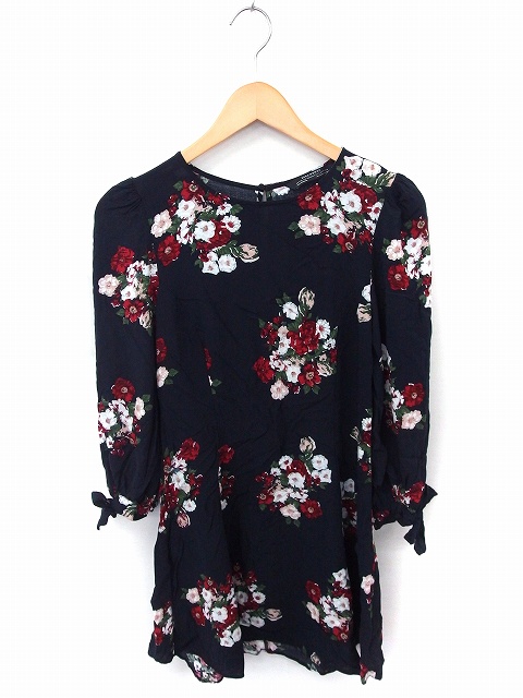 ザラウーマン Zara Woman ワンピース 花柄 丸首 長袖 ひざ丈 Xs ネイビー 紺 Ft10 レディース 172 ベクトルパーク