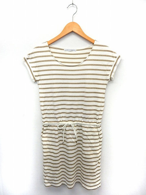 イエナ Iena ワンピース カットソー 膝丈 ボーダー 半袖 ウエスト紐 Uネック ラメ混 ベージュ ホワイト St24 172 ベクトルパーク