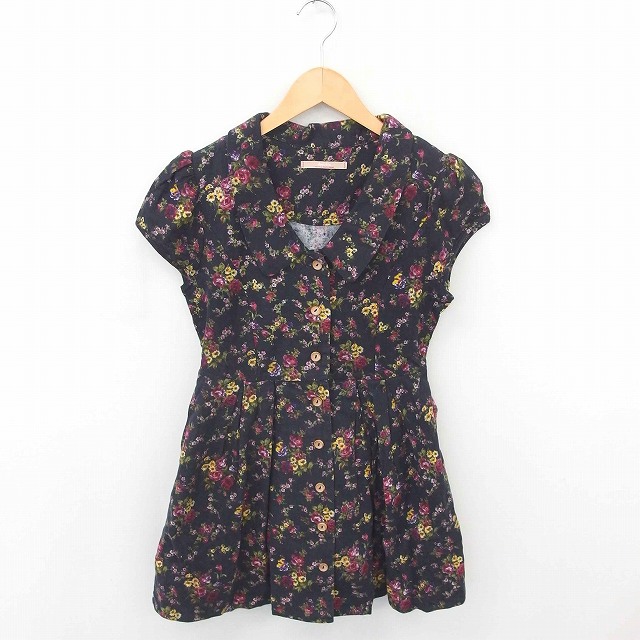 ダズリン Dazzlin ワンピース ひざ丈 花柄 フレア Aライン 前開き 半袖 M 濃紺 赤紫 ネイビー ワインレッド Tt5 レディース 172 ベクトルパーク