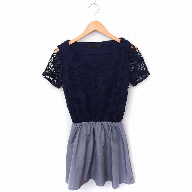 マーキュリーデュオ Mercuryduo ワンピース 切替 レース 無地 丸首 半袖 ひざ丈 F ネイビー 紺 グレー 灰 Ft35 レディース 172 ベクトルパーク
