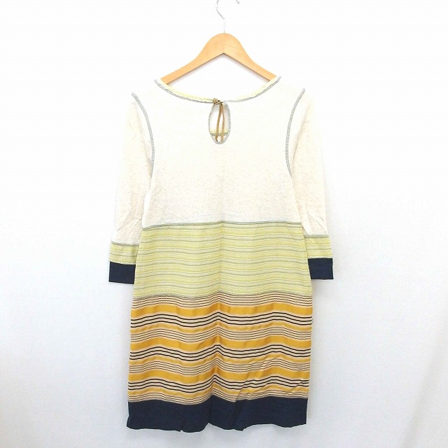 ジーンナッソーズ Jean Nassaus ワンピース ミモレ丈 ロング プルオーバー ボーダー 総柄 綿 コットン 七分袖 3 薄茶 からし色 ベージュ マスタード Tt7 レディース 172 ベクトルパーク